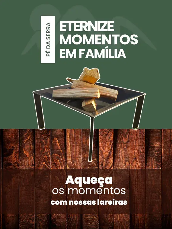 Banner mobile com lareiras ecológicas e rústicas para ambientes internos e externos, com design funcional e elegante.