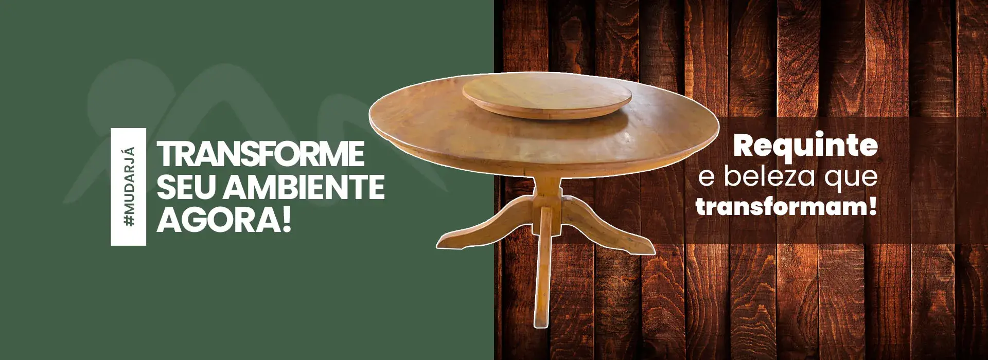 Banner destacando móveis rústicos em madeira de demolição com design exclusivo e sustentável para ambientes residenciais e comerciais.