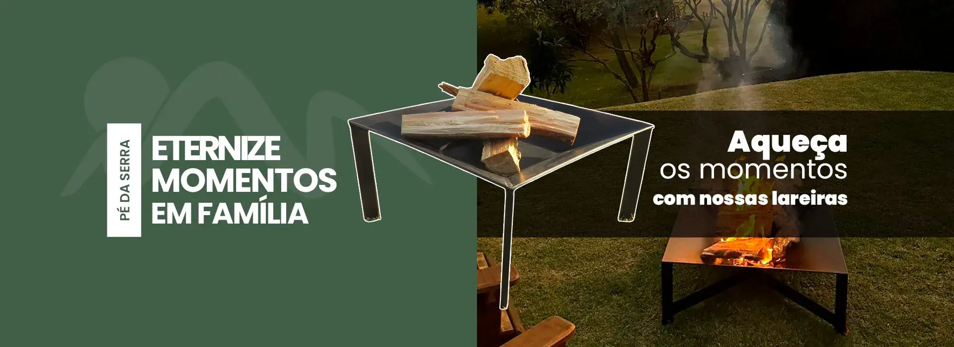 Banner destacando lareiras rústicas para ambientes internos e externos, feitas com materiais resistentes e design exclusivo.